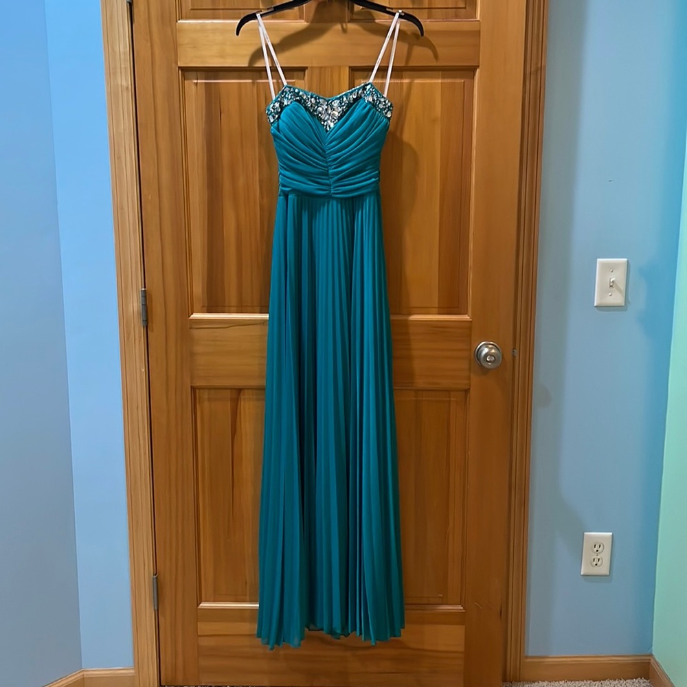 Strapless teal prom dress